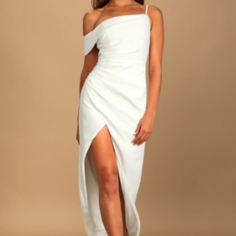 Lulu's Showing Off a Little White Asymmetrical Tulip Midi Dress